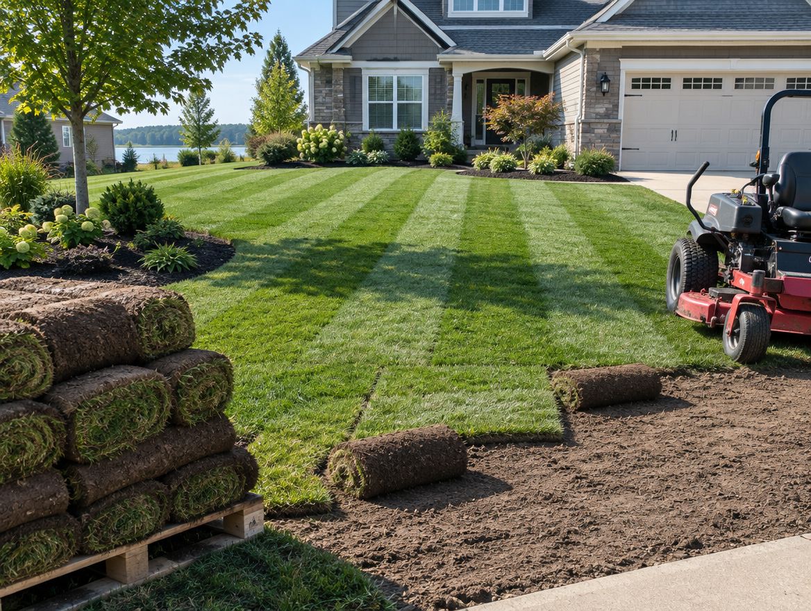 Freshly striped lawn with sod rolls and a mower