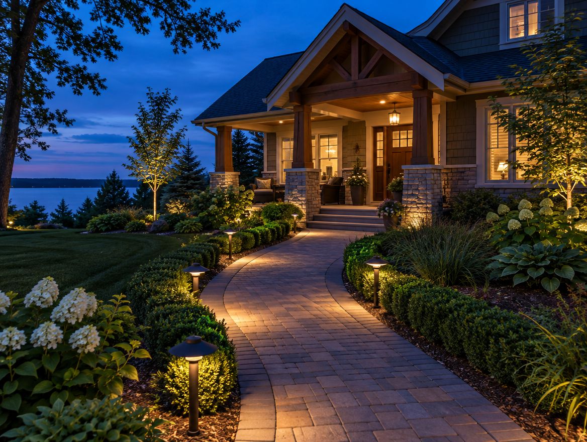 Lit paver walkway at dusk