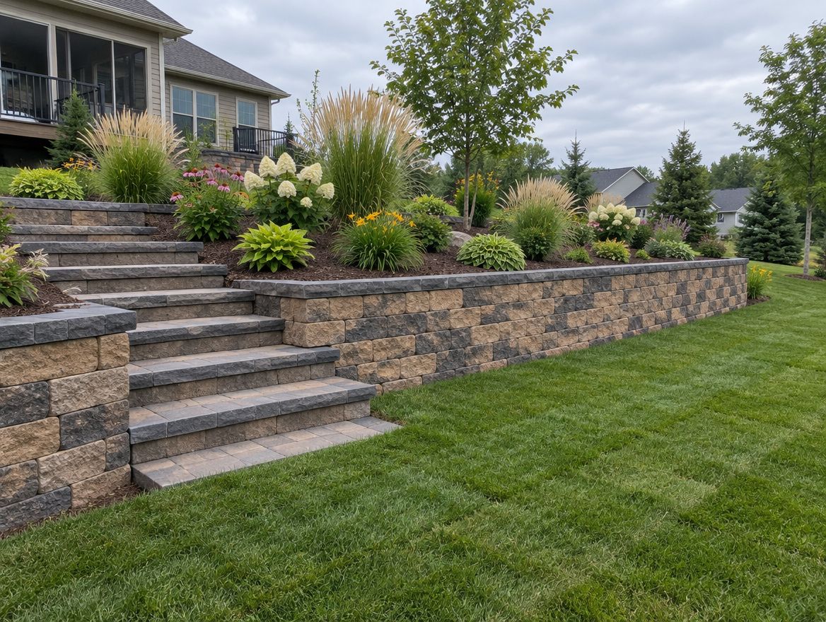 Terraced retaining wall with steps